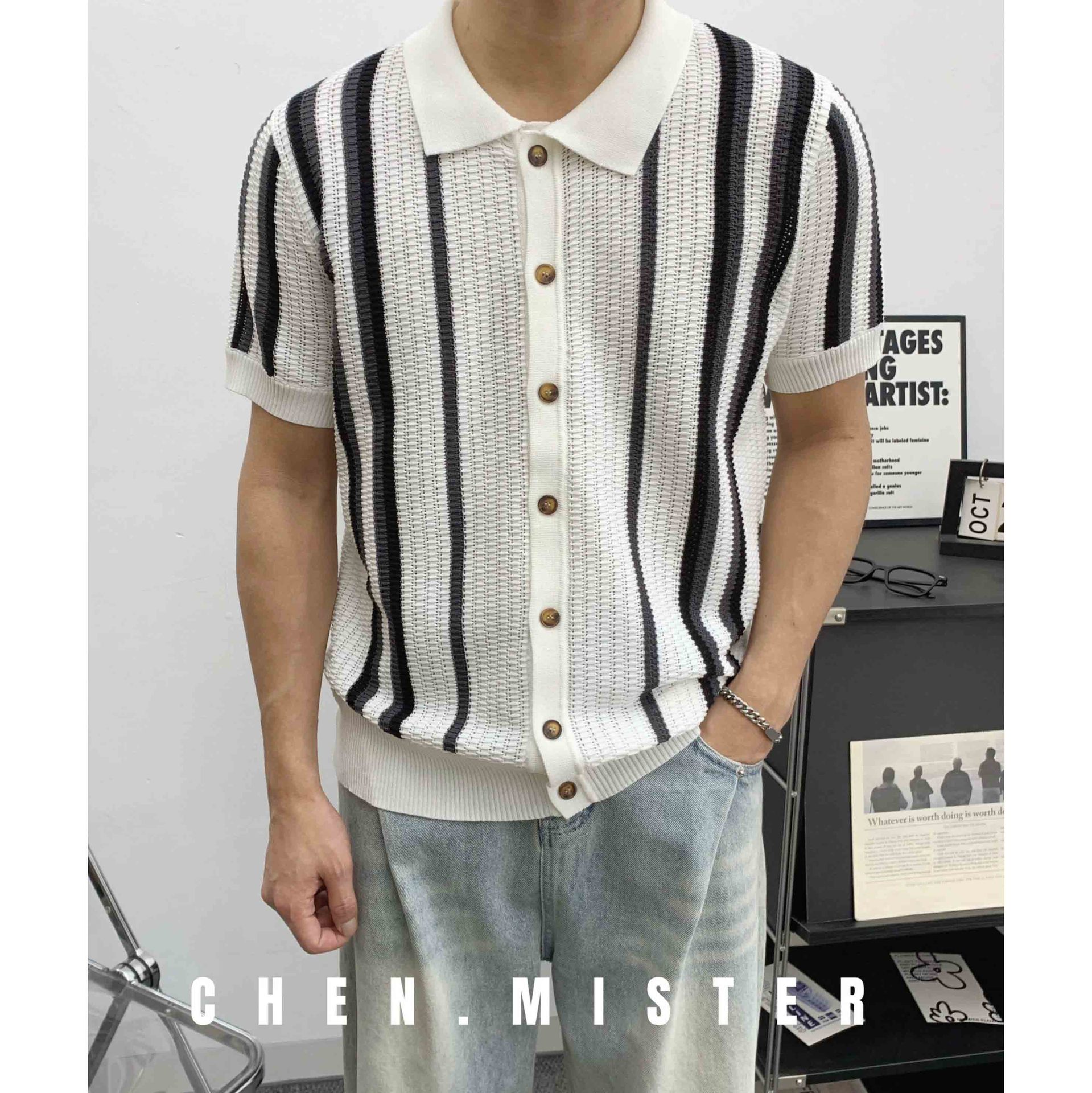 Polo camiseta de punto camiseta de manga corta hombre solapa rayas huecas viejas camisas de viento de verano hielo seda fábrica transfronteriza al por mayor