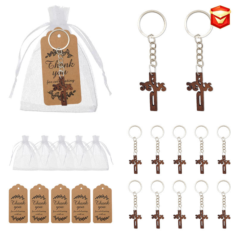 Cross-Border Popular Wooden Cross Keychain Party Gifts Kraft Paper Tags and Organza Bags Baptism Gifts