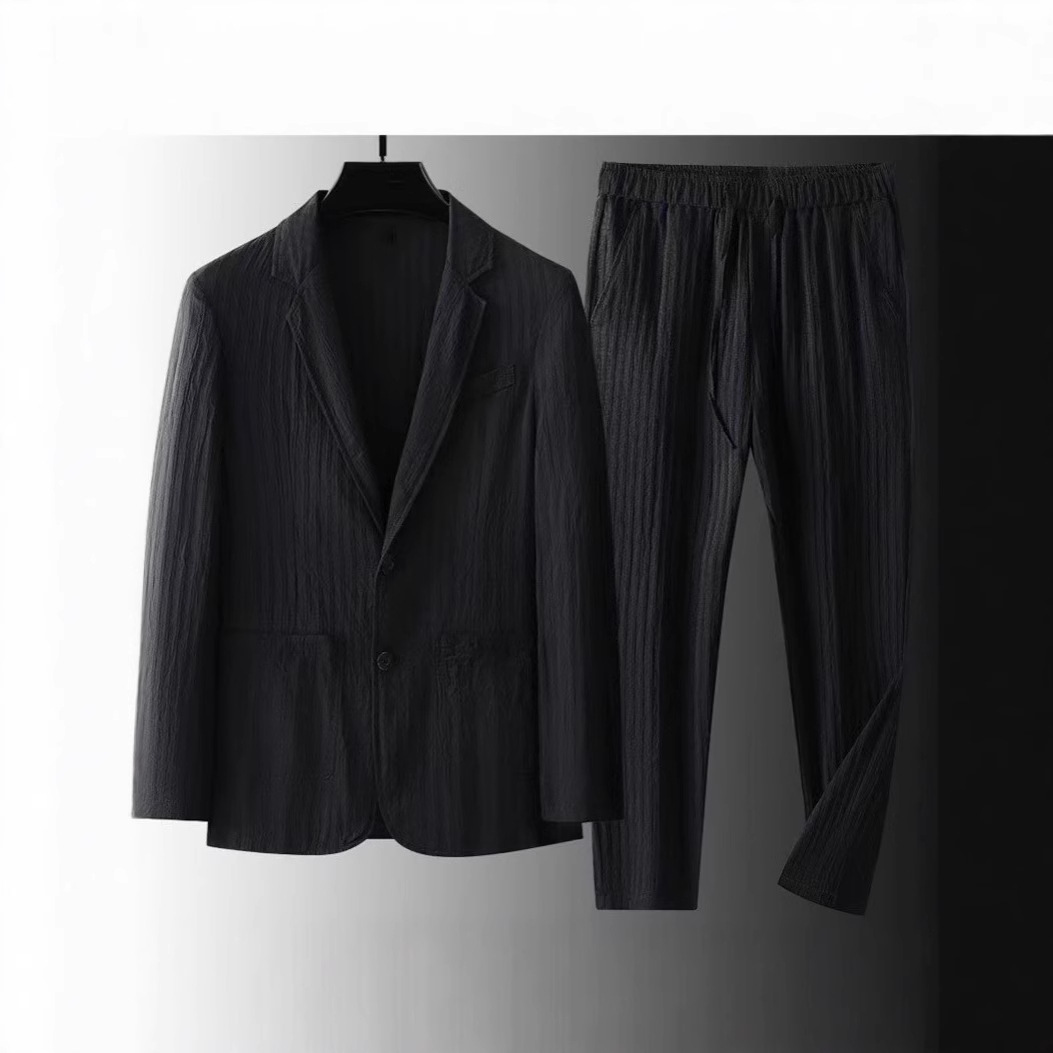 Blazer classico da uomo con texture, giacca casual in misto cotone-lino traspirante per un look elegante ma informale._voghion.com