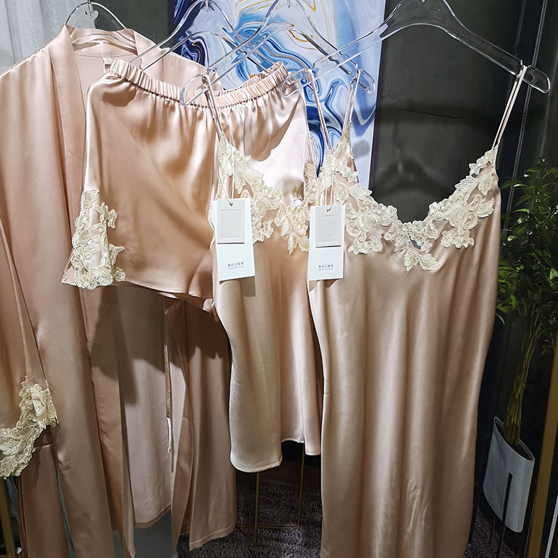 Hidden lazy lace heavy silk pajamas long nightgown 19mm mulberry silk LP home wear sling suit