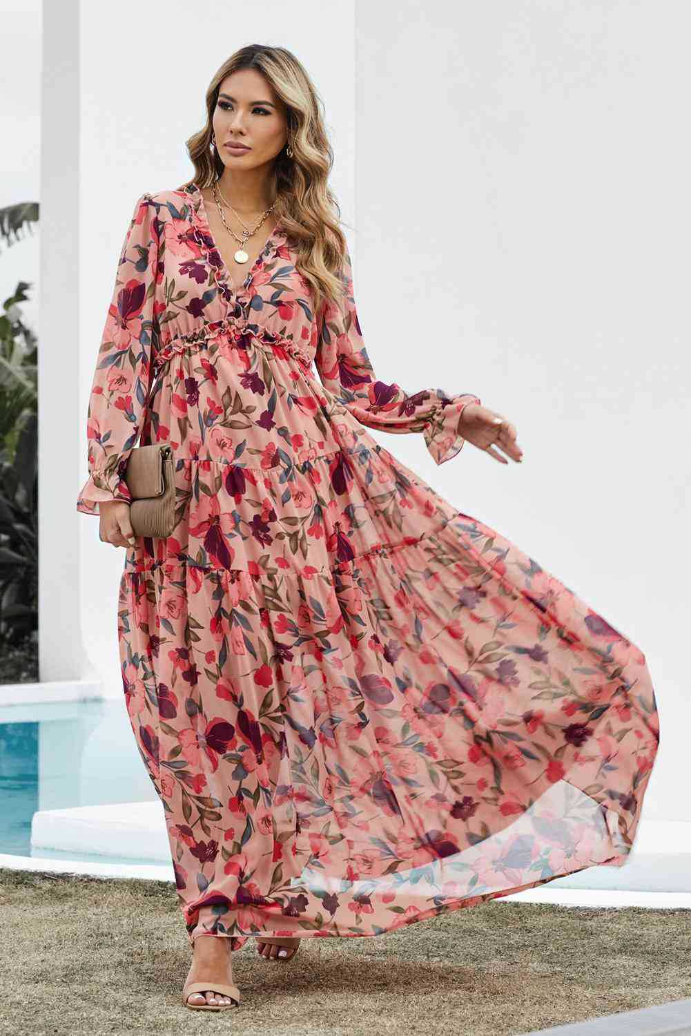 Robe de soirée bohème à manches longues, col en V, en mousseline florale, style européen et américain, collection été 2025 pour femmes_voghion.com
