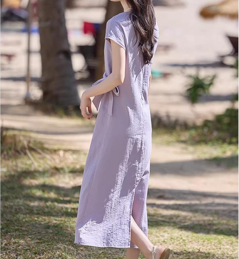 Đầm maxi nữ thắt eo tay ngắn dáng suông, thiết kế dây rút eo tôn dáng, phong cách Pháp thanh lịch mùa hè 2026 — Xanh tím chi tiết 5