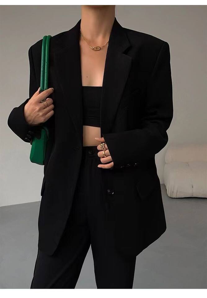 Áo blazer nữ dáng suông cổ vest hai nút tay dài phong cách Hàn Quốc — Màu đen [mẫu chất lượng cao], Nâu, màu xanh đậm, màu xám đậm chi tiết 16