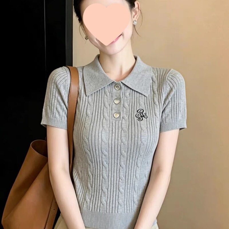 2026 Summer New Style French Retro Preppy Style Polo Collar Embroidered Twist Knit Sweater Women's Lapel Top