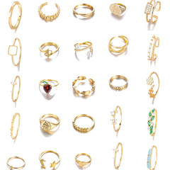 New European and American-style unisex couple rings—fruit portraits, geometric designs, stars, and moon—adjustable, closed-end combination rings.