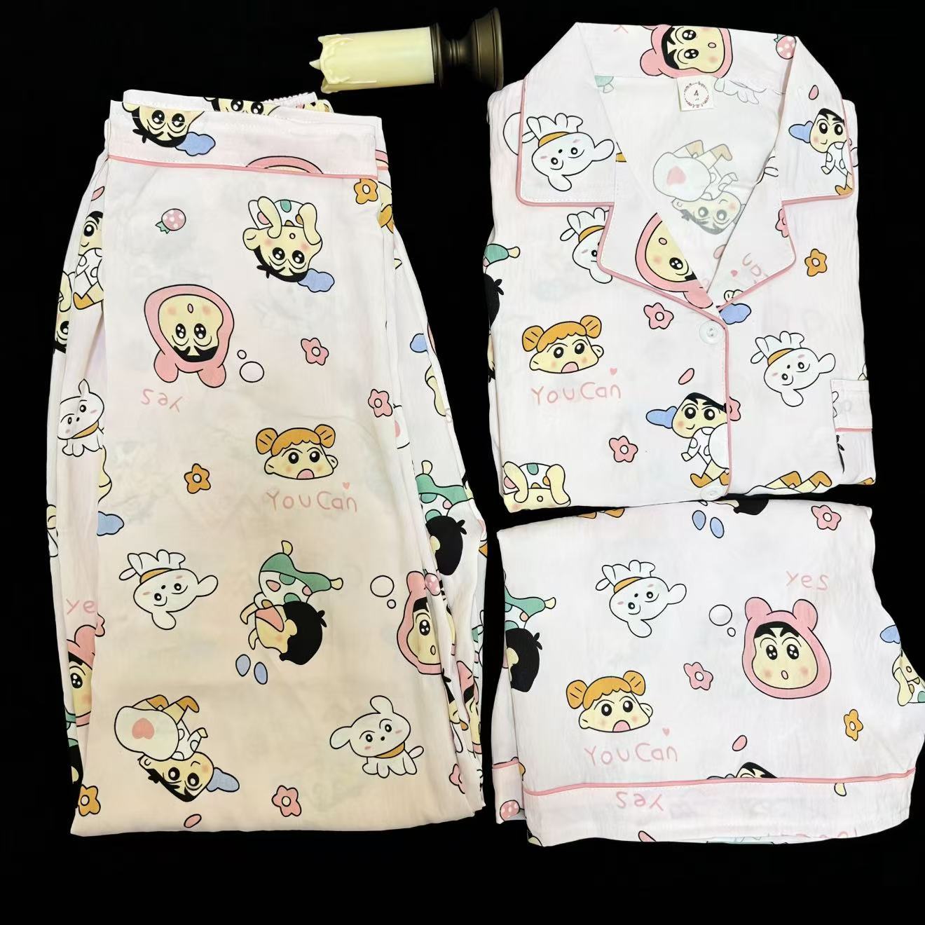 Nube de algodón de tres piezas nuevo pijama de mujer adorable con solapa de manga corta pantalones cortos pantalones largos set de ropa para el hogar
