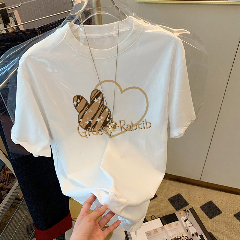 Women's Pure Cotton Printed T-Shirt Short Sleeve Loose Fit Slimming White Top Versatile Base Layer Summer Fashion_voghion.com