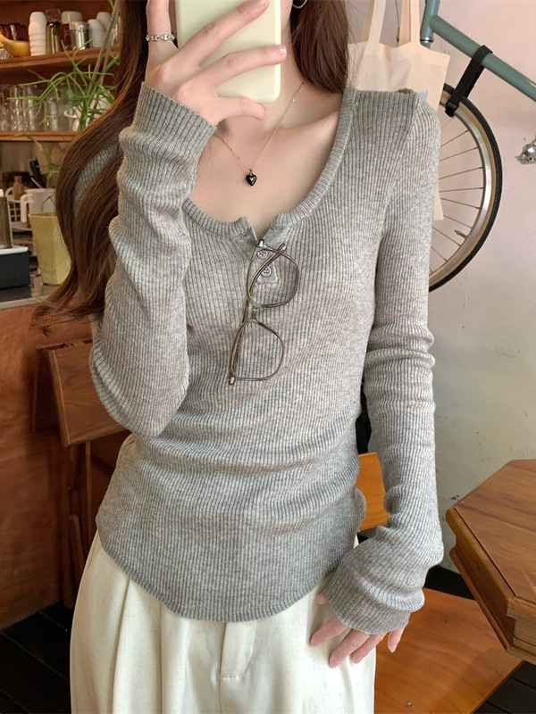 甜美u领嫩黄色针织毛衣女2025春秋修身bm绝美坑条纽扣长袖打底衫|undefined