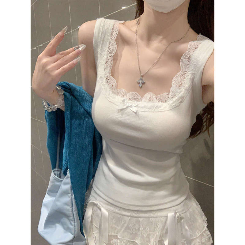 Summer Lace Square-Neck Racerback Tank Top for Outerwear, Side Breast-Cinching, Sexy Camisole, Feminine Sleeveless Top, Base Shirt