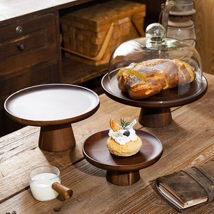 Korean Retro Acacia Wood Cake Tray Home Living Room Snack Tray Dessert Table Display Stand Tall Fruit Plate Pengquan