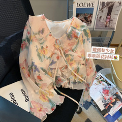 フレンチデザインの花柄フリルレースアップシャツ女性用2025年夏新作韓国風甘くてスタイリッシュな長袖シャツ