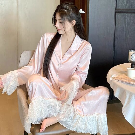 [Paris Dream] Heavy Industry Lace Diamond Button Silk French Pajamas Ice Silk Light Luxury Elegant Home