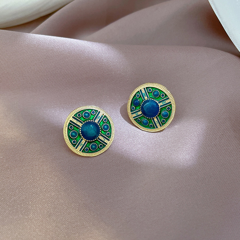 Tibetan Retro Plated 14k Hand-drop Glaze Round Geometric Alloy Earrings display picture 2