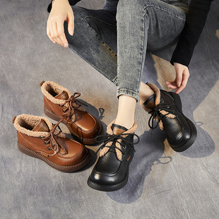 Genuine Leather cotton boots shoes for middle-aged and elderly mothers autumn and winter leather boots lace-up warm fleece-lined boots comfortable all-match loafers