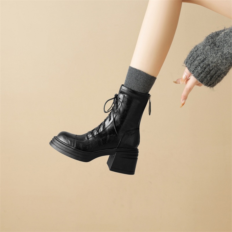 The Treasure of the Store! 2025 New Autumn and Winter British Style Round Toe Lace-Up Thick Heel Boots Elastic High Heel Short Boots for Women