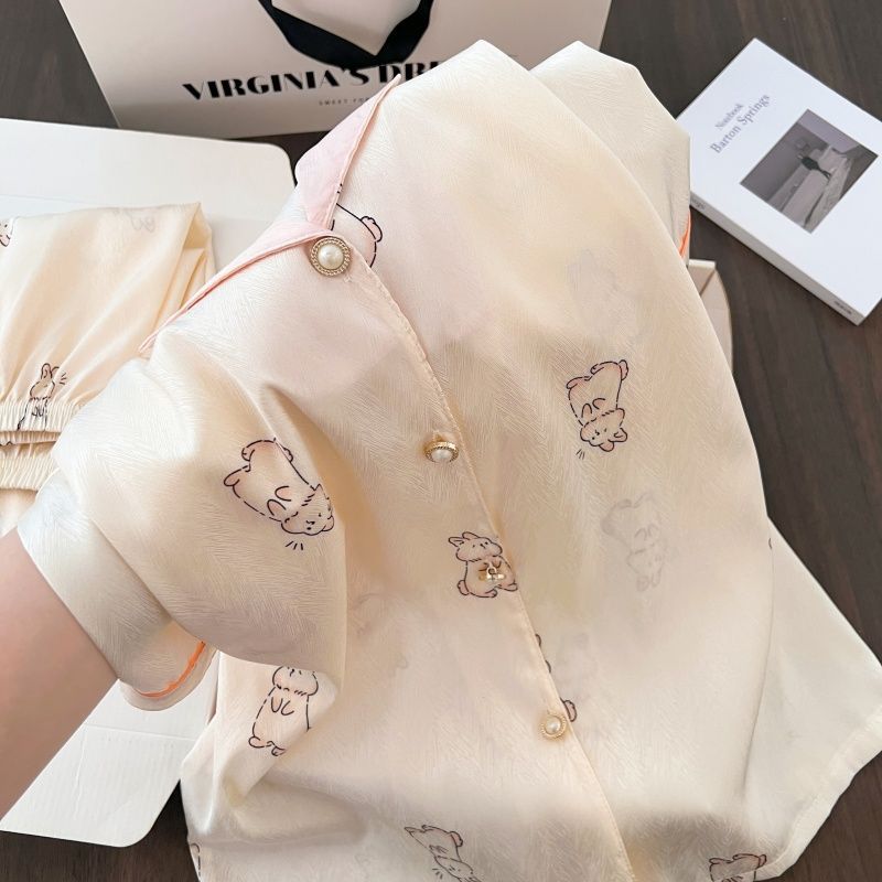 Al por mayor transfronterizo nuevo pijama de verano de alta calidad de seda de hielo twill pantalones cortos de mangas cortas set collar explosión