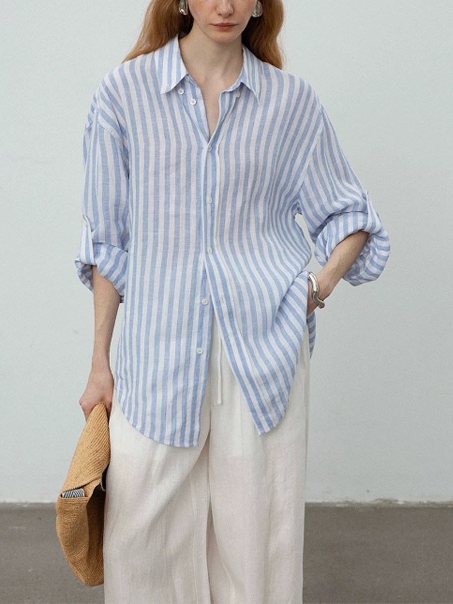 Áo sơ mi nữ linen sọc xanh trắng dáng rộng chống nắng mùa hè — Sọc xanh trắng