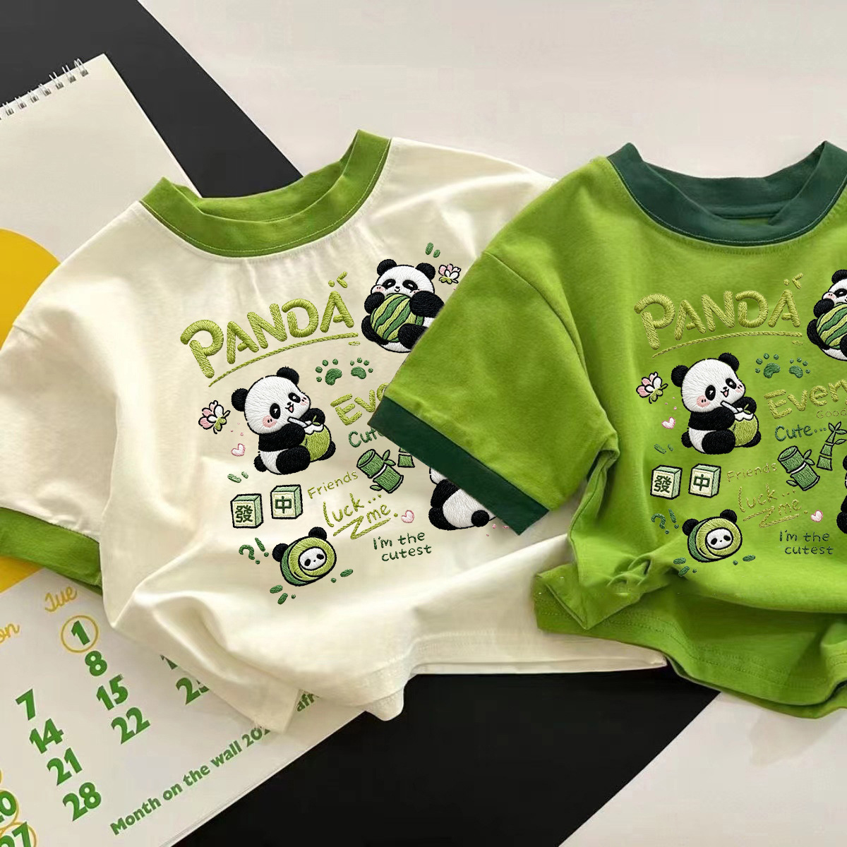 Summer Children's T-Shirt with Cute Panda Print and Imitation Embroidery, Short-Sleeved Casual Pure Cotton Top for Boys and Girls
