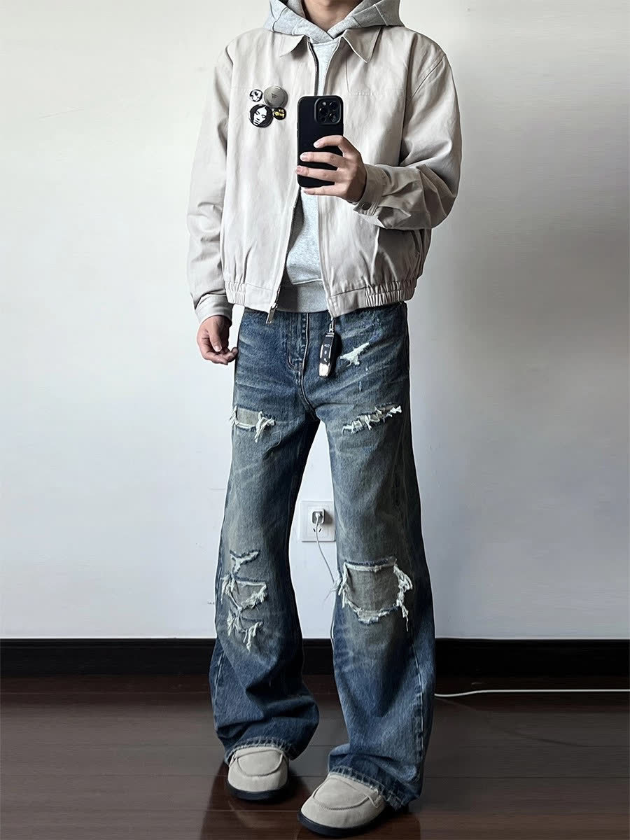 Men's Distressed Washed Denim Jeans With Rip & Frayed Details, Loose Fit Straight Leg Pants, Vintage Streetwear Style For Casual Wear_mkmklike.com