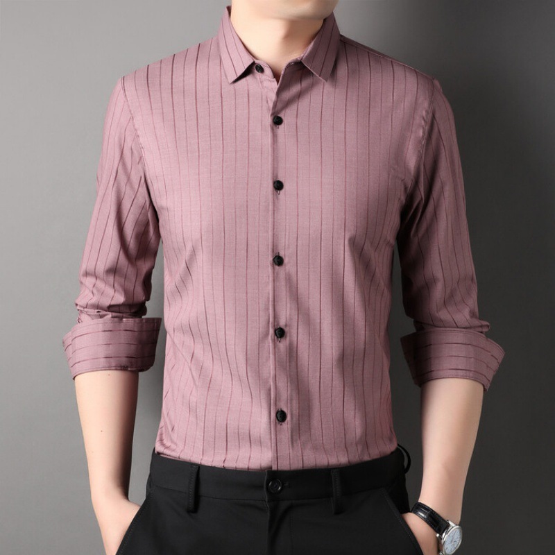 2026 New Men's Striped Long-Sleeve Shirt, Pink, Classic and Versatile Style