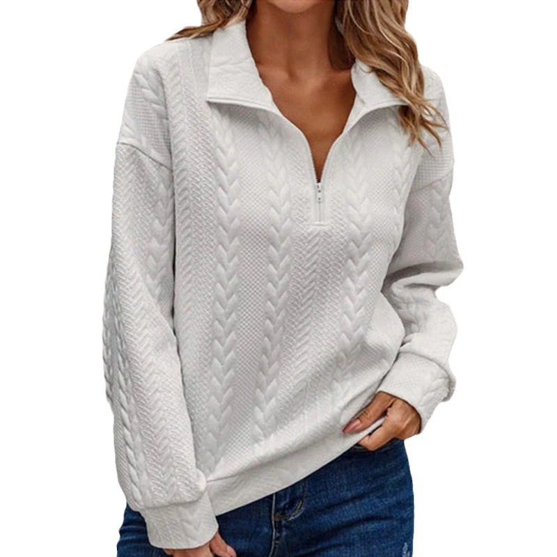 Women's Clothing autumn and winter new solid color women's long sleeved zipper lapel sweatshirt_voghion.com