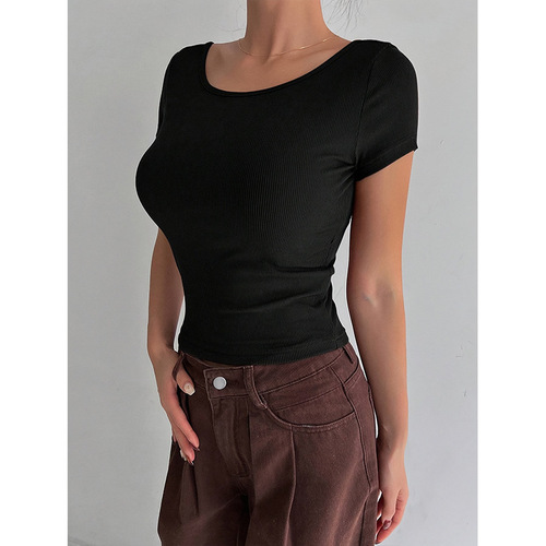 KELICOPY Yoga Top with Semi-Fixed Cups, Western-Style Outerwear Sport Short-Sleeve T-Shirt for Women, Breathable Fitness Top