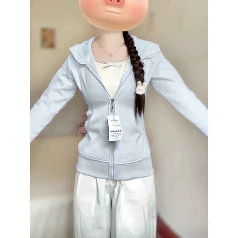 2025 Spring Jacket Hooded Sweatshirt Women's Lazy Style Sports Cardigan Yoga Waist Short Top Zipper Slim Fit