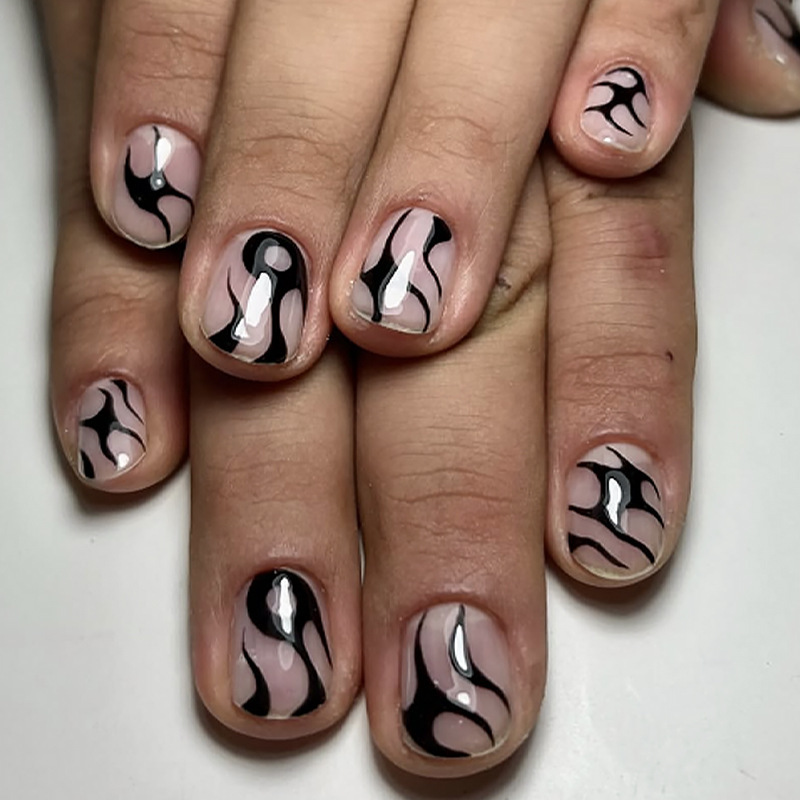 European and American Style Short Square Translucent Pink Black Pattern Dark Luxury Men's Wearable Nails 24 Pieces Fake Nails Cross-Border Wholesale Nails