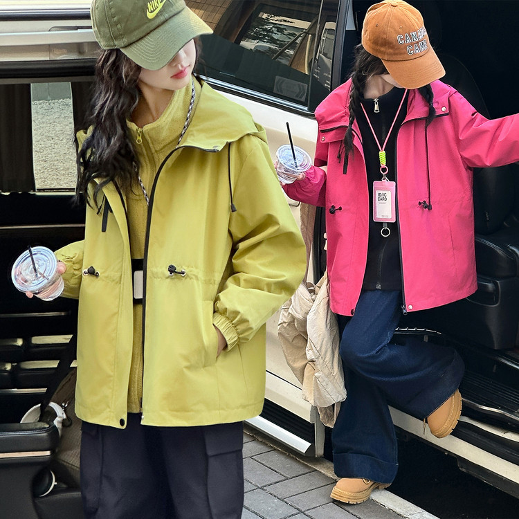 Girls' Spring and Autumn Colorful Hooded Loose Workwear Jacket, Versatile Fleece-Lined Thickened Sporty Korean Style Windbreaker