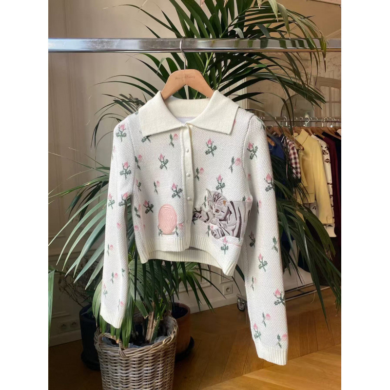 Fashionable Niche Printed Cat Knitted Cardigan for Women 25 Autumn and Winter New Style Lapel Loose Long-Sleeved Top