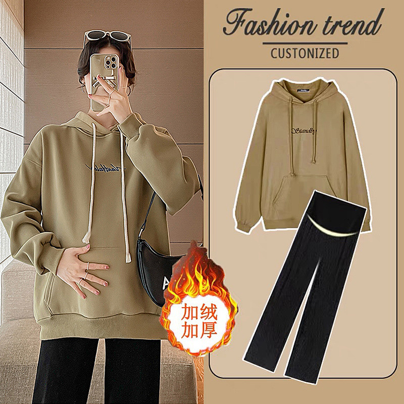 가을, 겨울용 임산부복, 벨벳과 두껍게 처리하여 따뜻함, 한국 스타일, 헐렁하고 배를 가릴 수 있는, 후드가 달린 긴 소매, 캐주얼한 아우터, 전체 세트