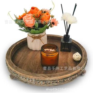 Wooden Retro Tray Household Desktop Ornaments Green Plant Round Tray Multi-Purpose Aromatherapy Storage Solid Wood Tray