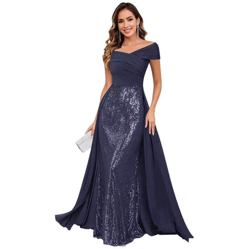 One-shoulder sequin mermaid evening gown, women's pleated waist-cinching long dress, suitable for annual events, banquets, and as a host's outfit for export markets One-shoulder sequin mermaid evening gown, women's pleated waist-cinching long dress, suitable for annual events, banquets, and as a host's outfit for export markets