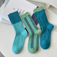 襪子女深淺藍拼接個性斜紋韓版時尚藍色中筒襪ins春秋外穿運動襪