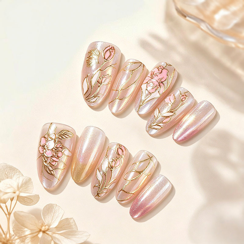 30 Pieces of Nude Pink Cat-Eye Gold Line Floral Press-On Nails, Almond-Shaped Gentle Tulip Nail Stickers, Finished Fake Nails