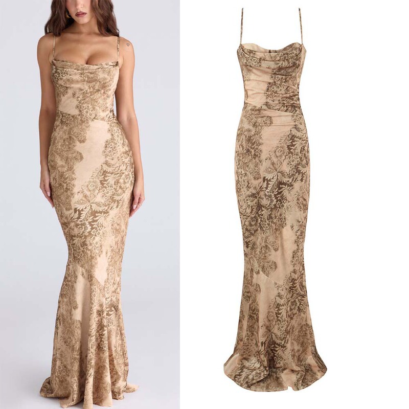 Saw Aliexpress Independent Site Elegant Gold Satin Ultra-Long Dress Evening Gown Bodycon Mermaid Dress