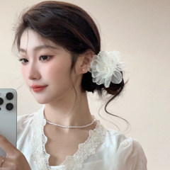 纯欲风发卡白月光发饰欧根纱花朵发夹女侧边刘海夹碎发鸭嘴夹子女