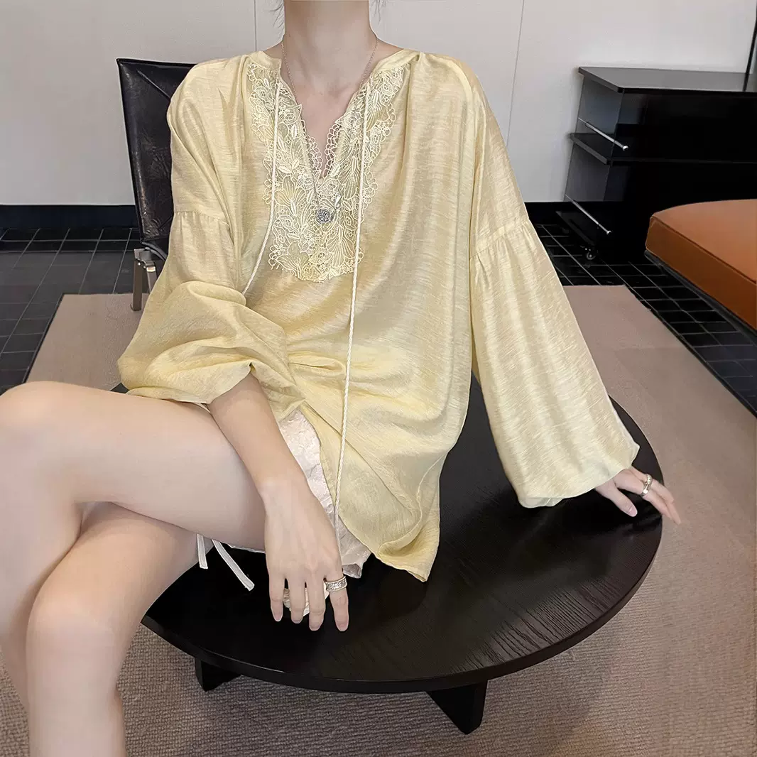 初打十三行2025夏季新款法式天丝飘带镂空宽松蕾丝防晒衬衫CSA915