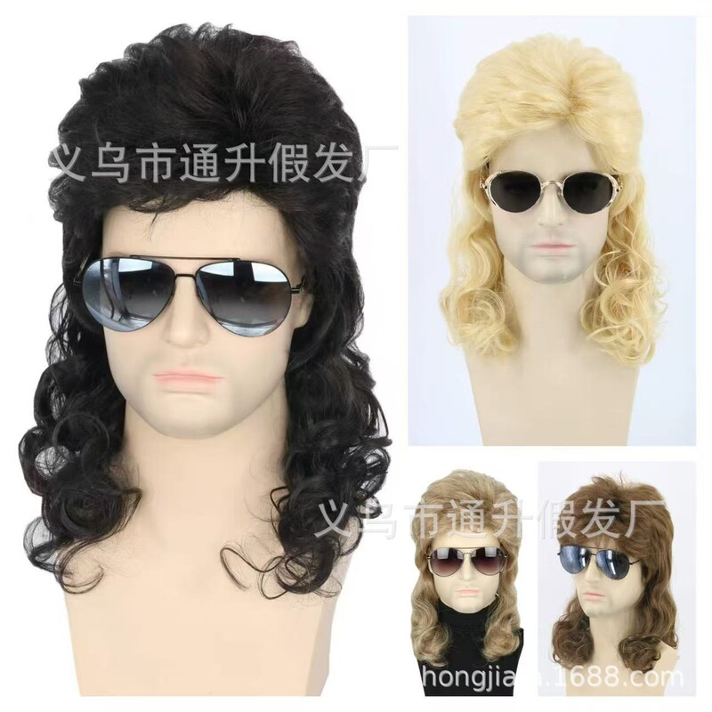 2026 New European and American Style Men's Black Medium-Length Curly Wig Halloween Rock Style Cosplay Long Curly Hair Men's Wig 2026 New European and American Style Men's Black Medium-Length Curly Wig Halloween Rock Style Cosplay Long Curly Hair Men's Wig