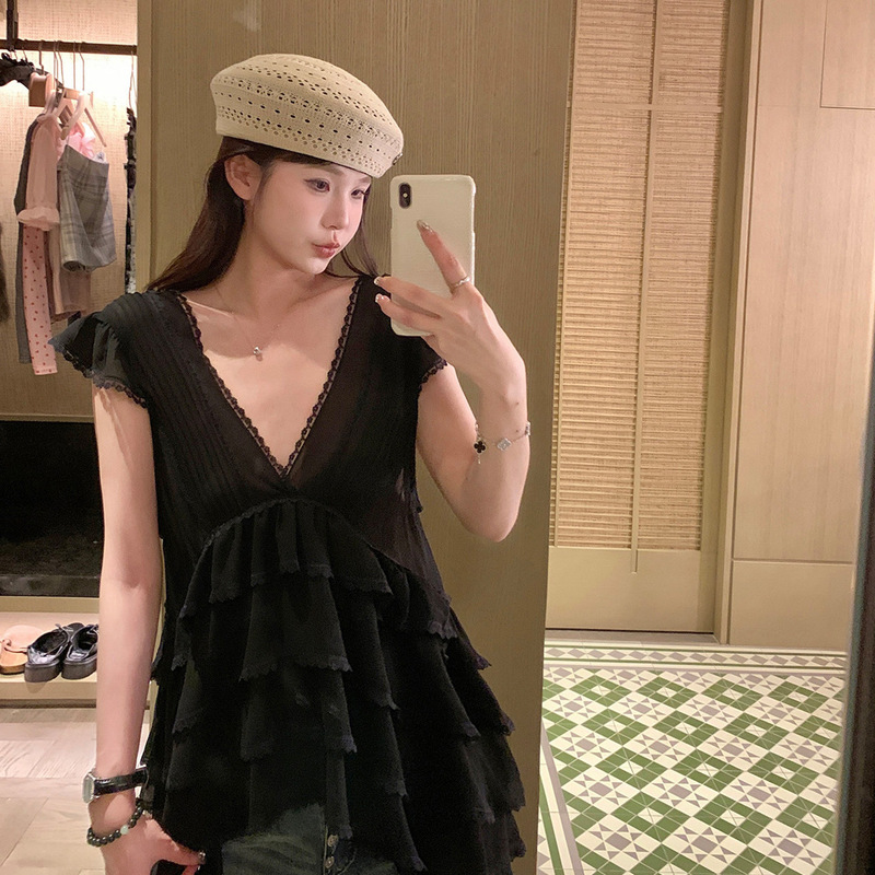 Korean-Style Black V-Neck Chiffon Shirt for Women, Summer Irregular Design with Ruffles, Sexy Style, Fluttering Sleeves Top