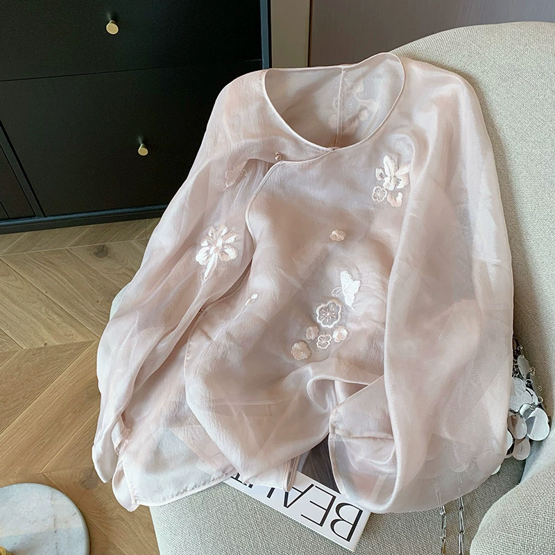 Розовая вышивка с диагональным вырезом новая китайская шифоновая рубашка 2025 женский весенний летний стиль нежный солнцезащитный топ