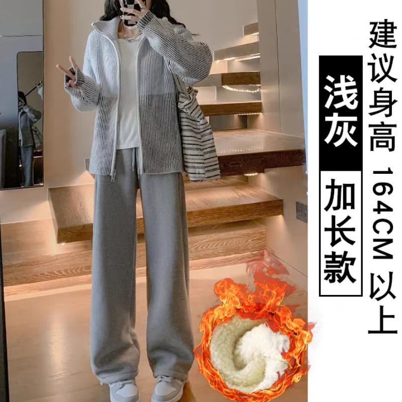 秋冬の女性用ホワイトグレーベルベットスウェットパンツ、ハイウエストワイドレッグルーズレギンススウェットパンツ、厚みのあるシェルパアウターコットンパンツ