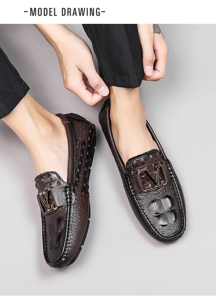 Giày lười nam da bò vân cá sấu mũi tròn, đế bằng, kiểu lái xe cỡ lớn — V6655 màu kaki quý phái, V6655 màu nâu quý ông, V6655 màu đen quý phái, Vàng địa phương V6655 chi tiết 13