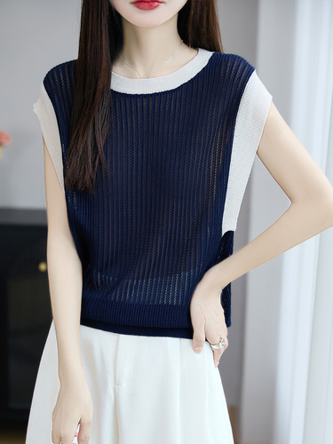 New summer thin 100% Lysel tensel knitted shirt hollow round collar color matching cool T-shirt