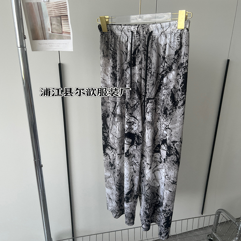 Nueva pintura de tinta china, pantalones anchos de seda de hielo y nieve, pantalones de pierna ancha delgados de verano para niños, cintura alta, pantalones de pierna recta casuales delgados