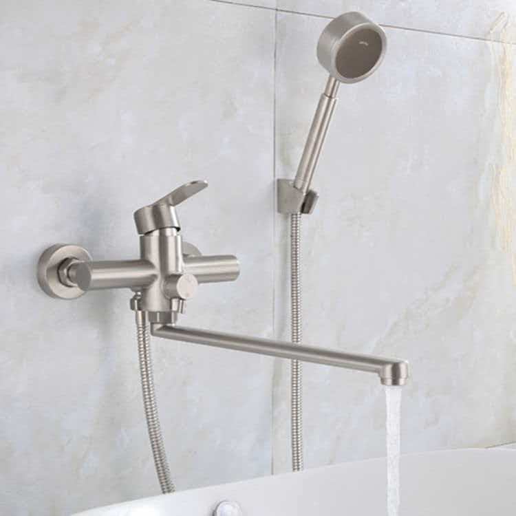 Wall-Mounted Stainless Steel Brushed Finish Faucet with Extended Spout for Bathroom and Kitchen, Including Mixing Valve Set Wall-Mounted Stainless Steel Brushed Finish Faucet with Extended Spout for Bathroom and Kitchen, Including Mixing Valve Set