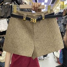 金属字母腰带高腰显瘦毛呢短裤靴裤阔腿裤休闲裤热裤女秋冬新款