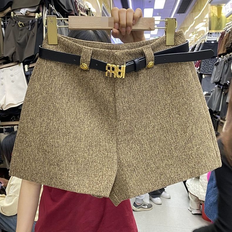 金属字母腰带高腰显瘦毛呢短裤靴裤阔腿裤休闲裤热裤女秋冬新款