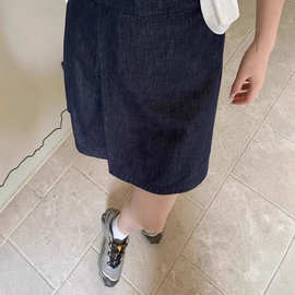 日系藏青亚麻牛仔半身裙女设计感开叉裤裙小个子复古风百搭短裙子