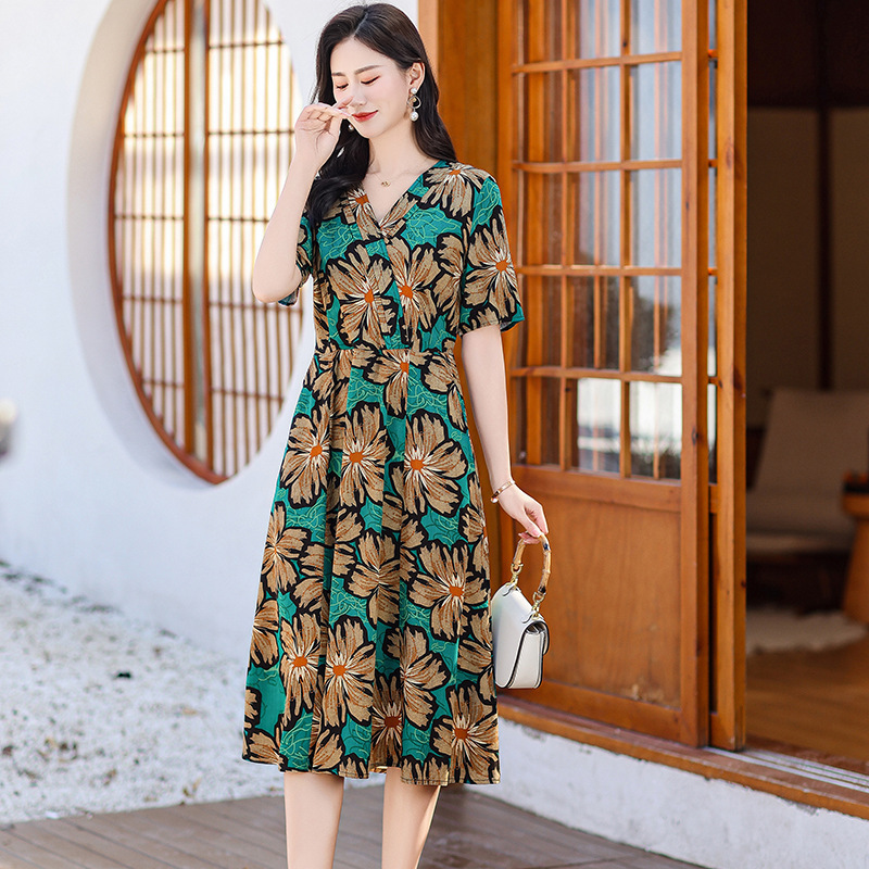 高端棉绸连衣裙新款夏季女妈妈时尚印花人造棉宽松大码外穿长裙子|undefined